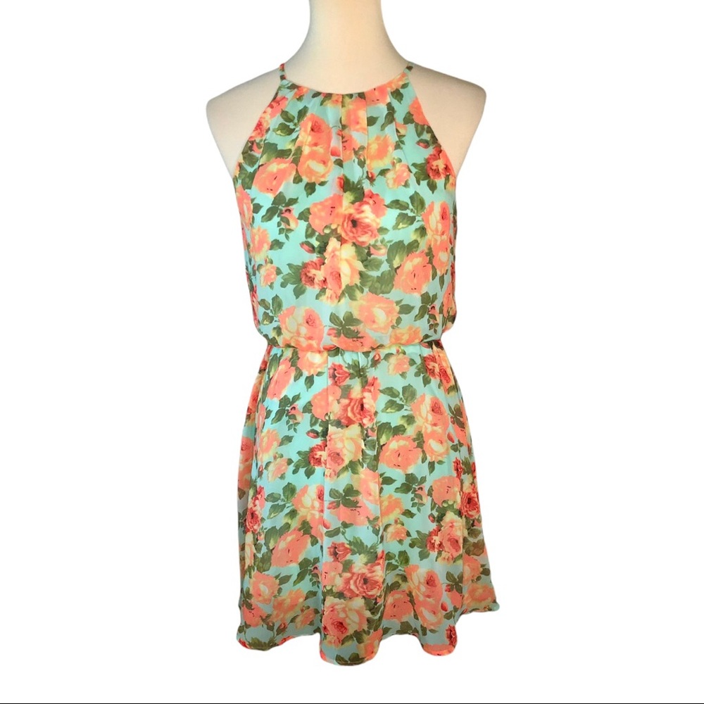 Lush Pink & Turquoise Tropical Floral Mini Dress Medium EUC